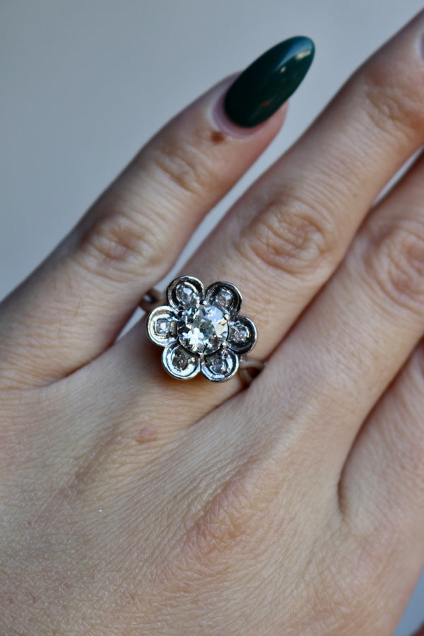 Mid Century French GIA 0.90 Carat Old European Cut Diamond Platinum Flower Ring Rings Jack Weir & Sons   