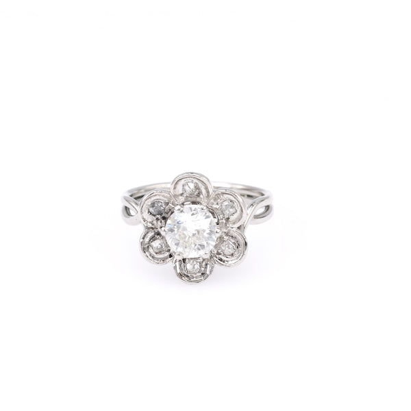 Mid Century French GIA 0.90 Carat Old European Cut Diamond Platinum Flower Ring Rings Jack Weir & Sons   