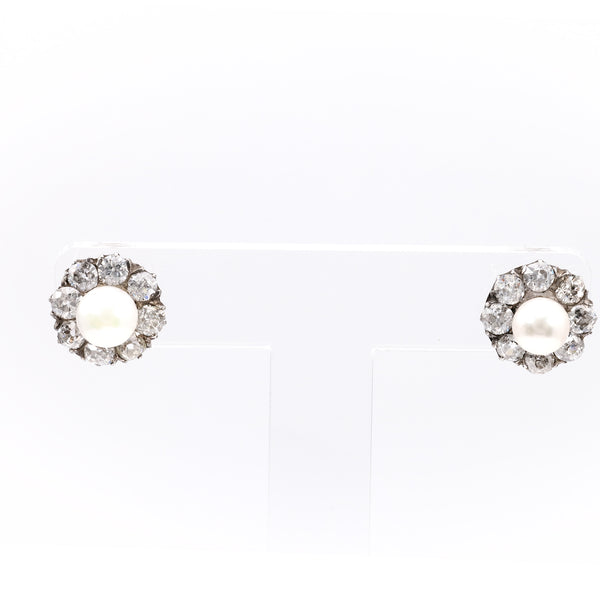 Art Deco Pearl and Diamond 14k White Gold Cluster Stud Earrings