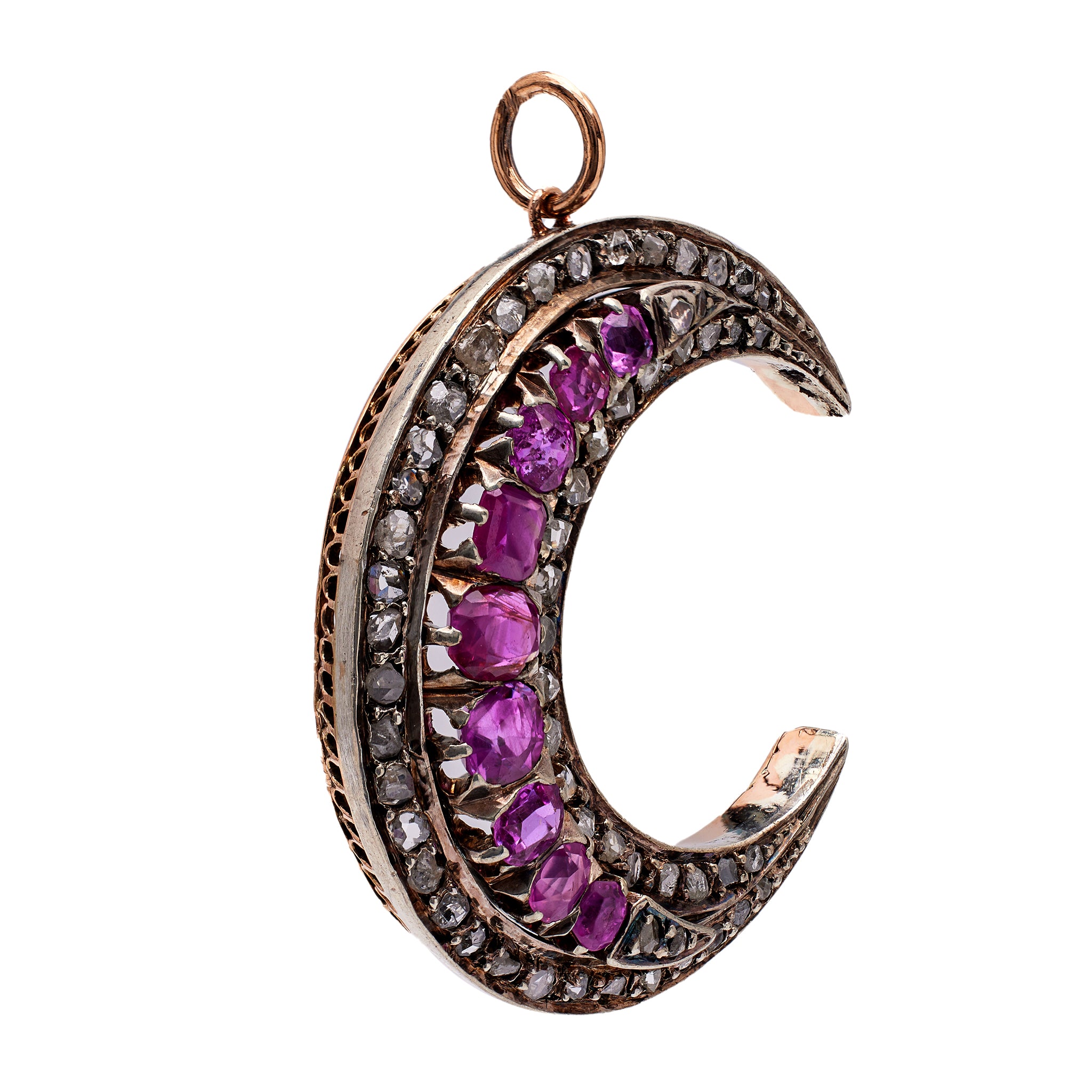 Victorian Ruby and Diamond 18k Rose Gold Silver Crescent Moon Pendant Pendants Jack Weir & Sons   