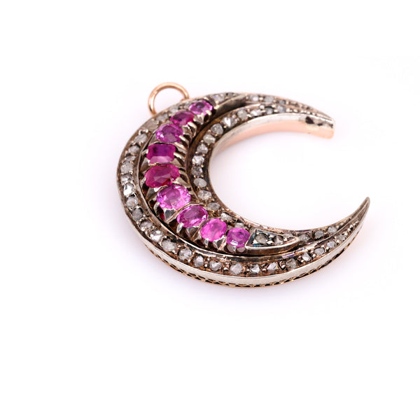 Victorian Ruby and Diamond 18k Rose Gold Silver Crescent Moon Pendant