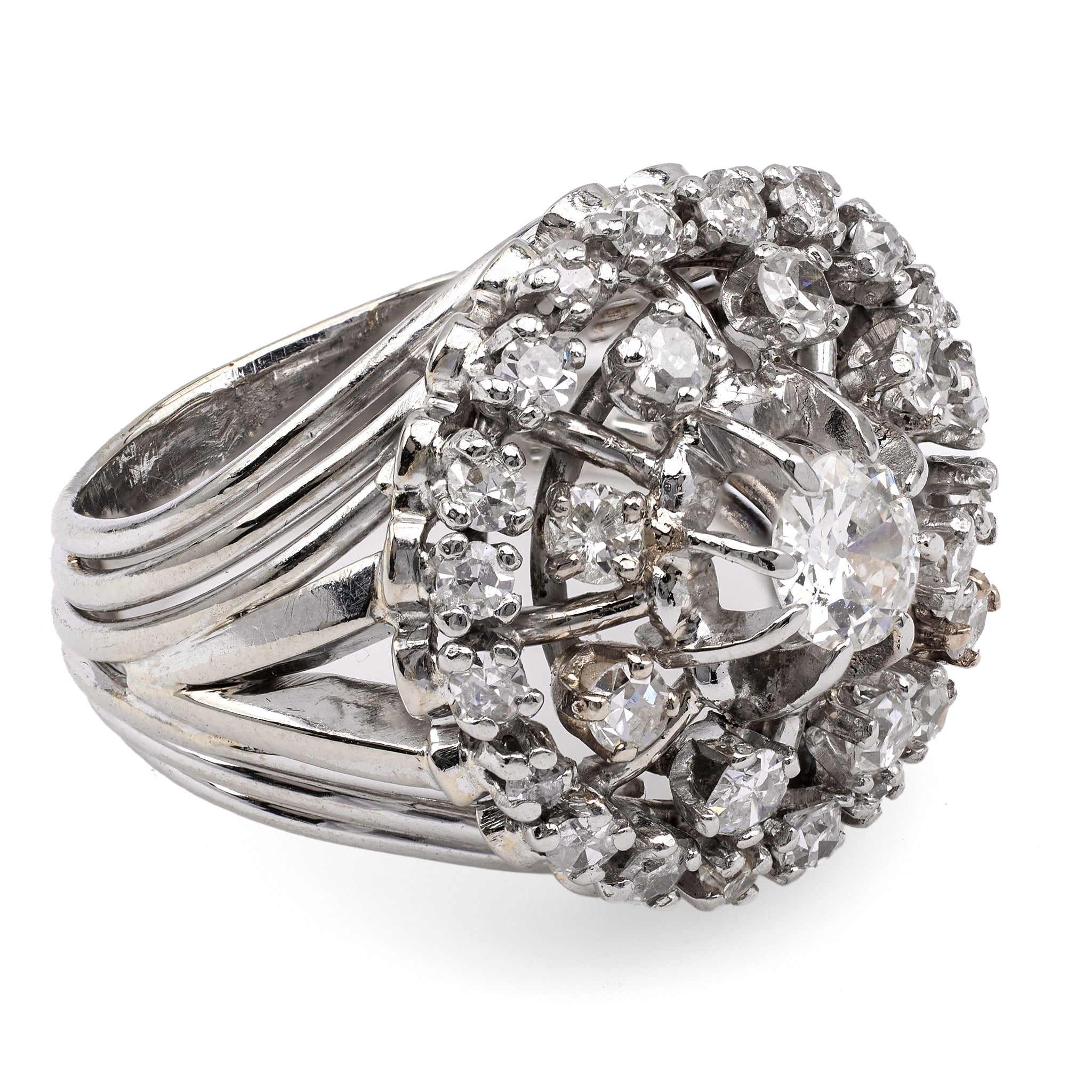 Retro French Diamond Platinum 18k White Gold Cluster Cocktail Ring Rings Jack Weir & Sons   