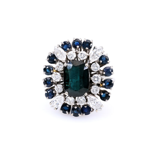Vintage Sapphire and Diamond 18k White Gold Cluster Cocktail Ring