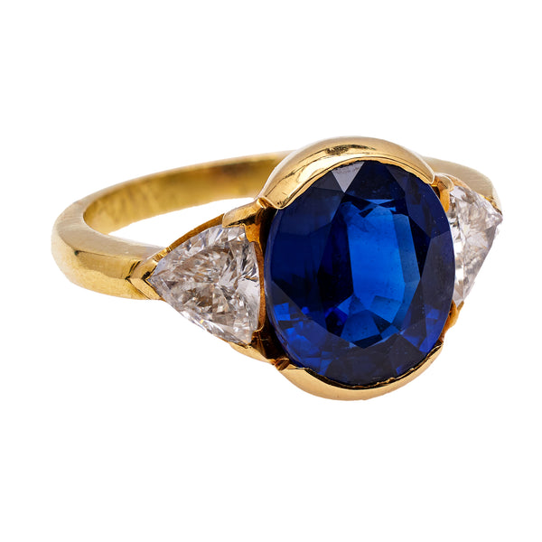 Vintage GIA Thai Sapphire and Diamond 18k Yellow Gold Three Stone Ring Rings Jack Weir & Sons   