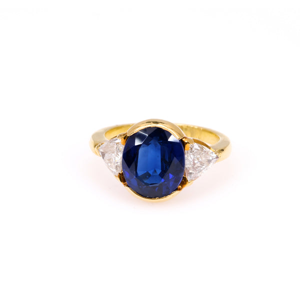 Vintage GIA Thai Sapphire and Diamond 18k Yellow Gold Three Stone Ring