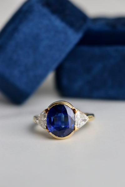Vintage GIA Thai Sapphire and Diamond 18k Yellow Gold Three Stone Ring Rings Jack Weir & Sons   