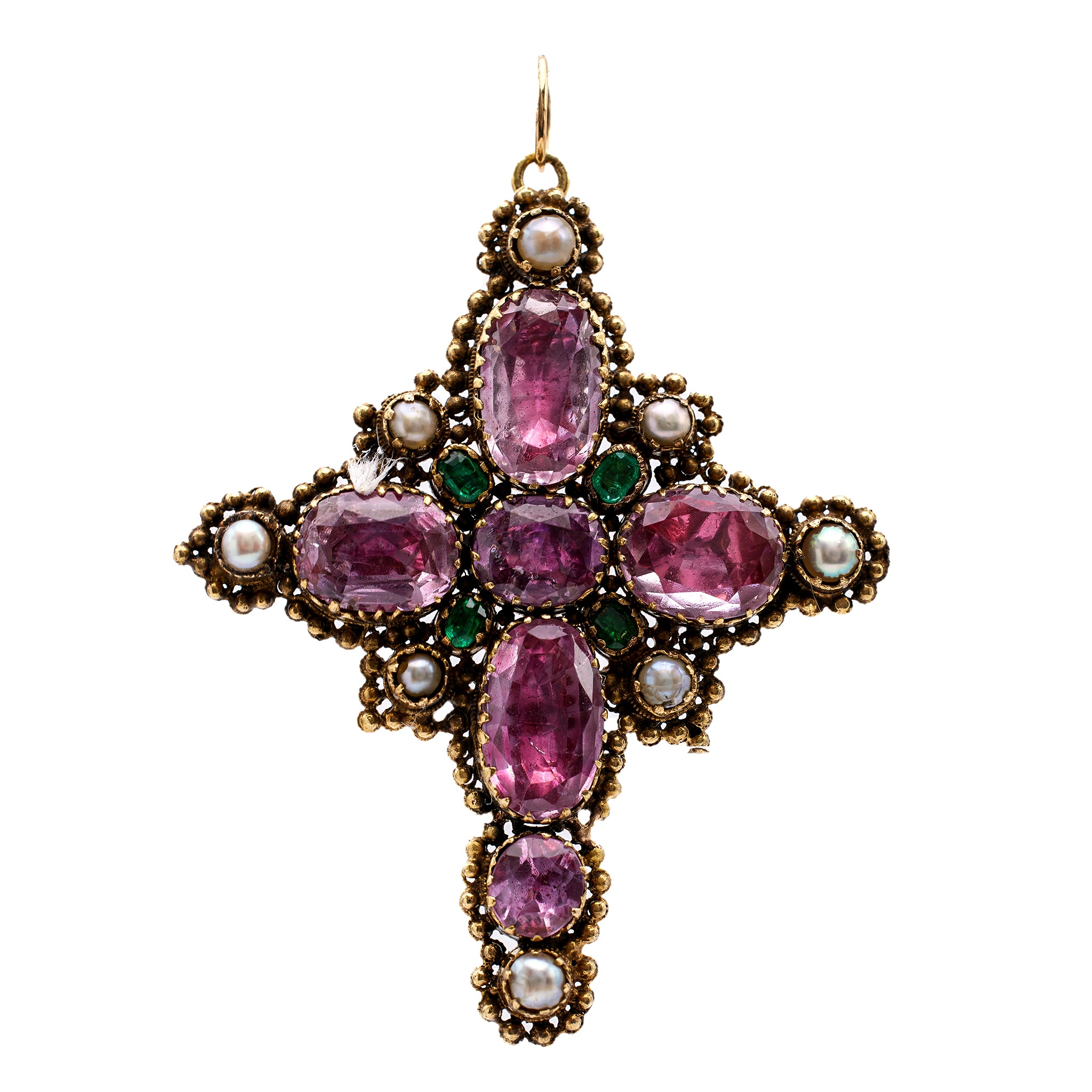 Georgian Foiled Back Pink Topaz, Emerald, and Pearl 14k Yellow Gold Cross Pendant