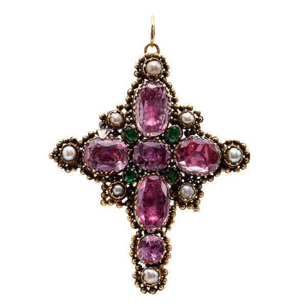 Georgian Foiled Back Pink Topaz, Emerald, and Pearl 14k Yellow Gold Cross Pendant Pendants Jack Weir & Sons   