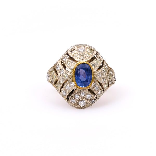 Antique Inspired Sapphire and Diamond 10k Rose Gold Silver Ring