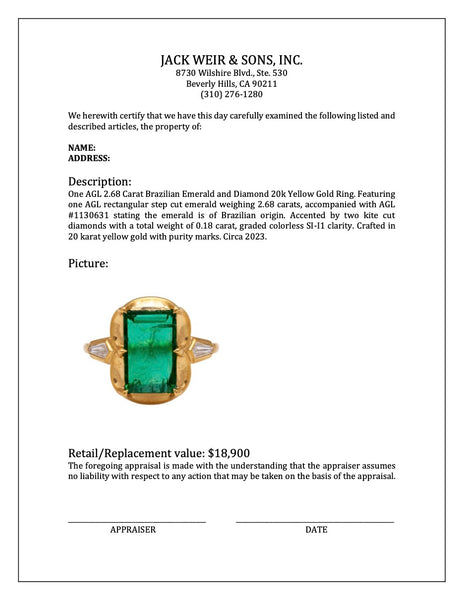 AGL 2.68 Carat Brazilian Emerald and Diamond 20k Yellow Gold Ring Rings Jack Weir & Sons   
