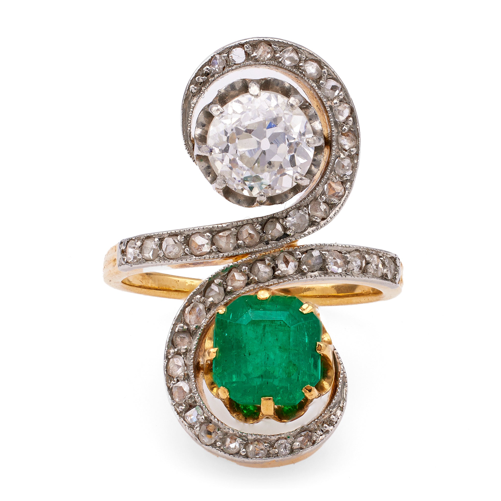 Belle Époque French Emerald and Diamond 18k Yellow Gold Platinum Toi et Moi Ring Rings Jack Weir & Sons   
