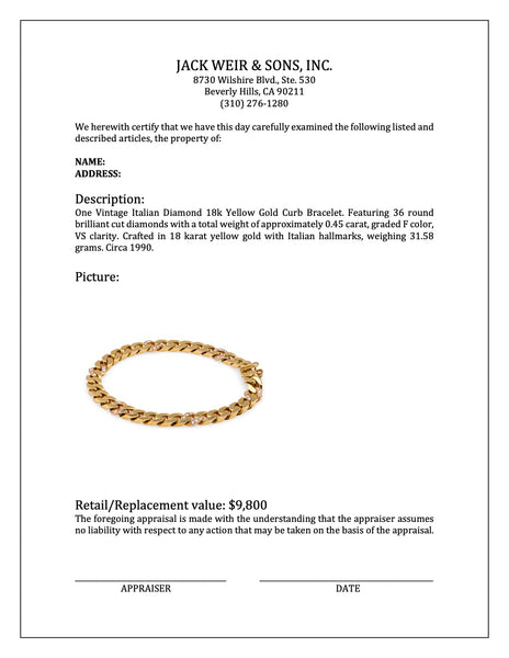 Vintage Italian Diamond 18k Yellow Gold Curb Bracelet Bracelets Jack Weir & Sons   