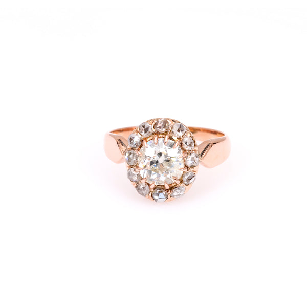 Victorian GIA 1.20 Carat Diamond 18k Rose Gold Cluster Ring