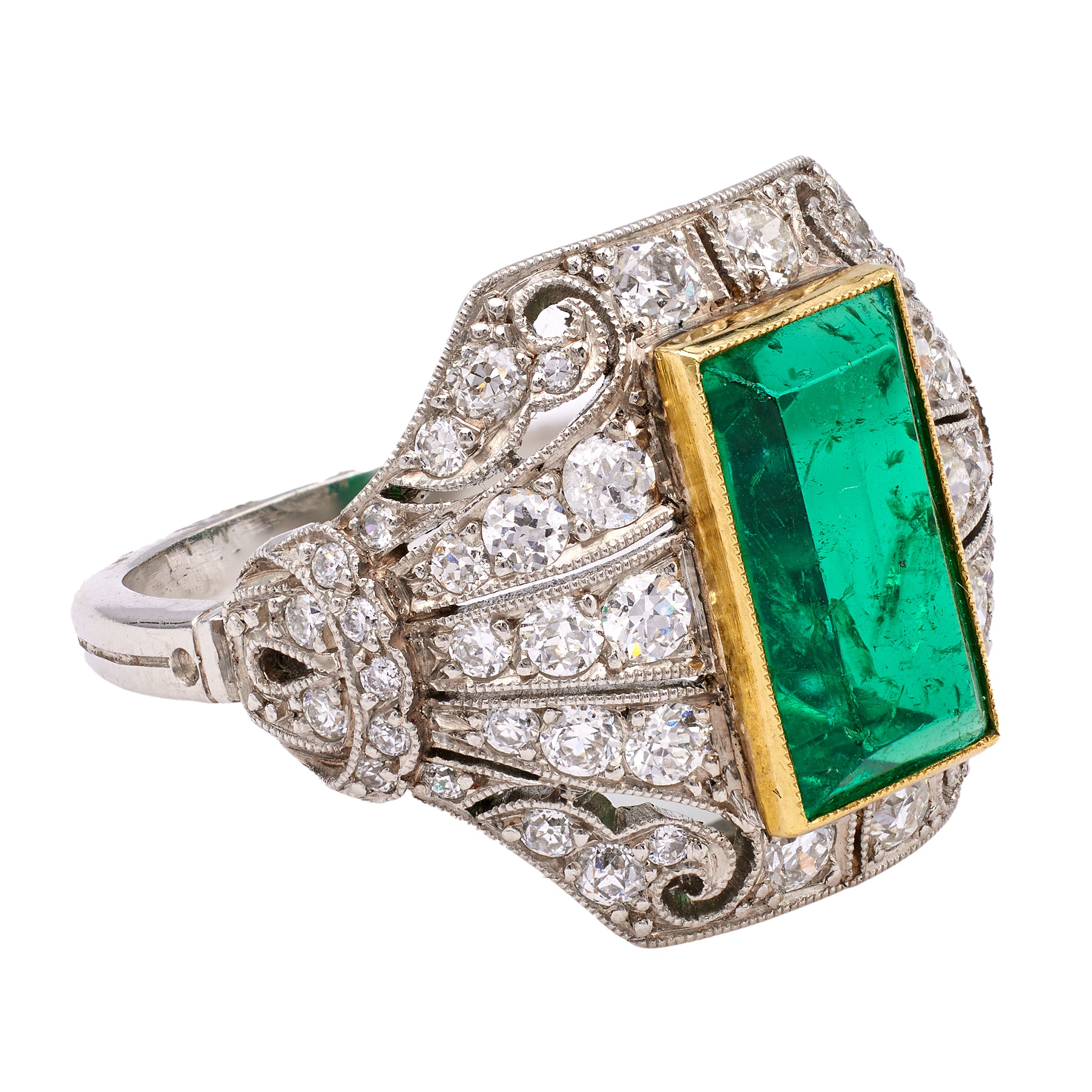 Art Deco Inspired AGL Colombian Minor Oil Emerald Diamond Platinum Ring Rings Jack Weir & Sons   