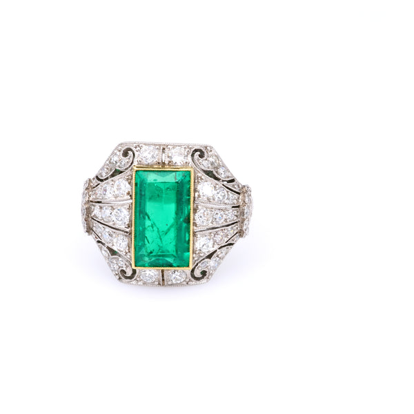 Art Deco Inspired AGL Colombian Minor Oil Emerald Diamond Platinum Ring