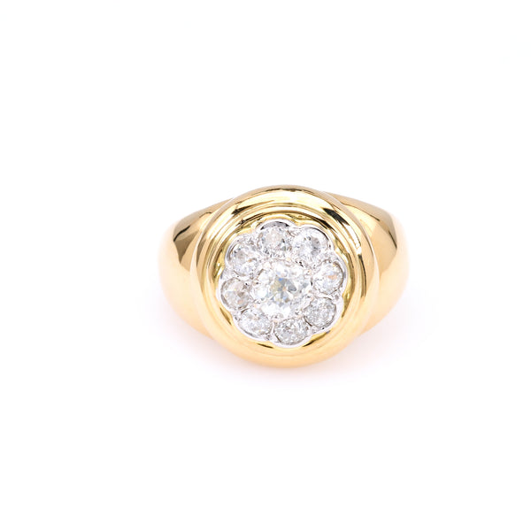 Vintage French Diamond 18k Two Tone Gold Cluster Ring