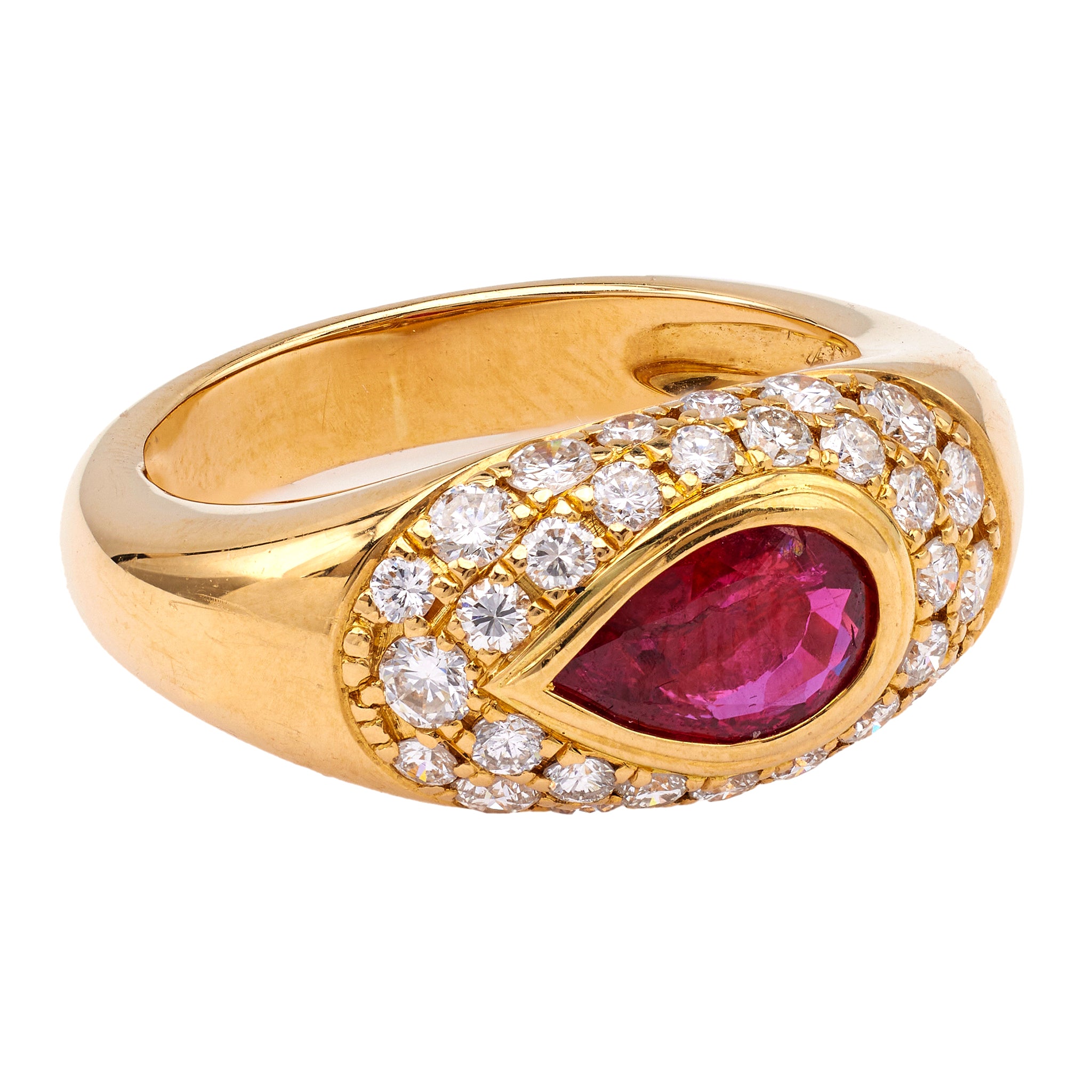 Vintage French Ruby and Diamond 18k Yellow Gold Ring