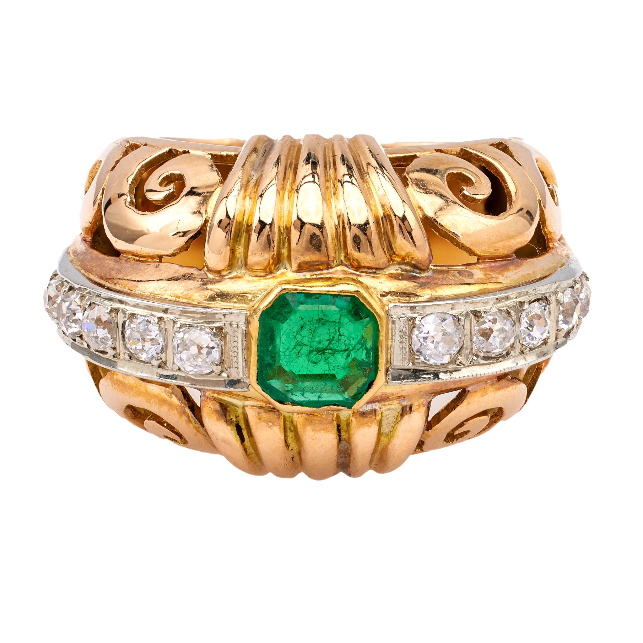 Retro French Emerald and Diamond 18k Rose Gold Platinum Dome Ring Rings Jack Weir & Sons   