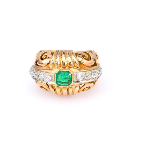 Retro French Emerald and Diamond 18k Rose Gold Platinum Dome Ring