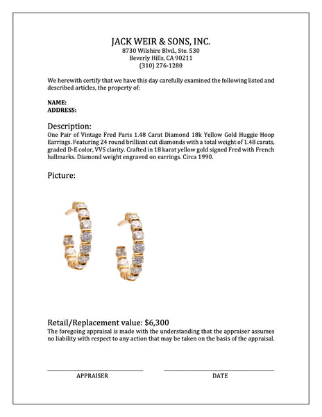 Vintage Fred Paris 1.48 Carat Diamond 18k Yellow Gold Huggie Hoop Earrings Earrings Jack Weir & Sons   