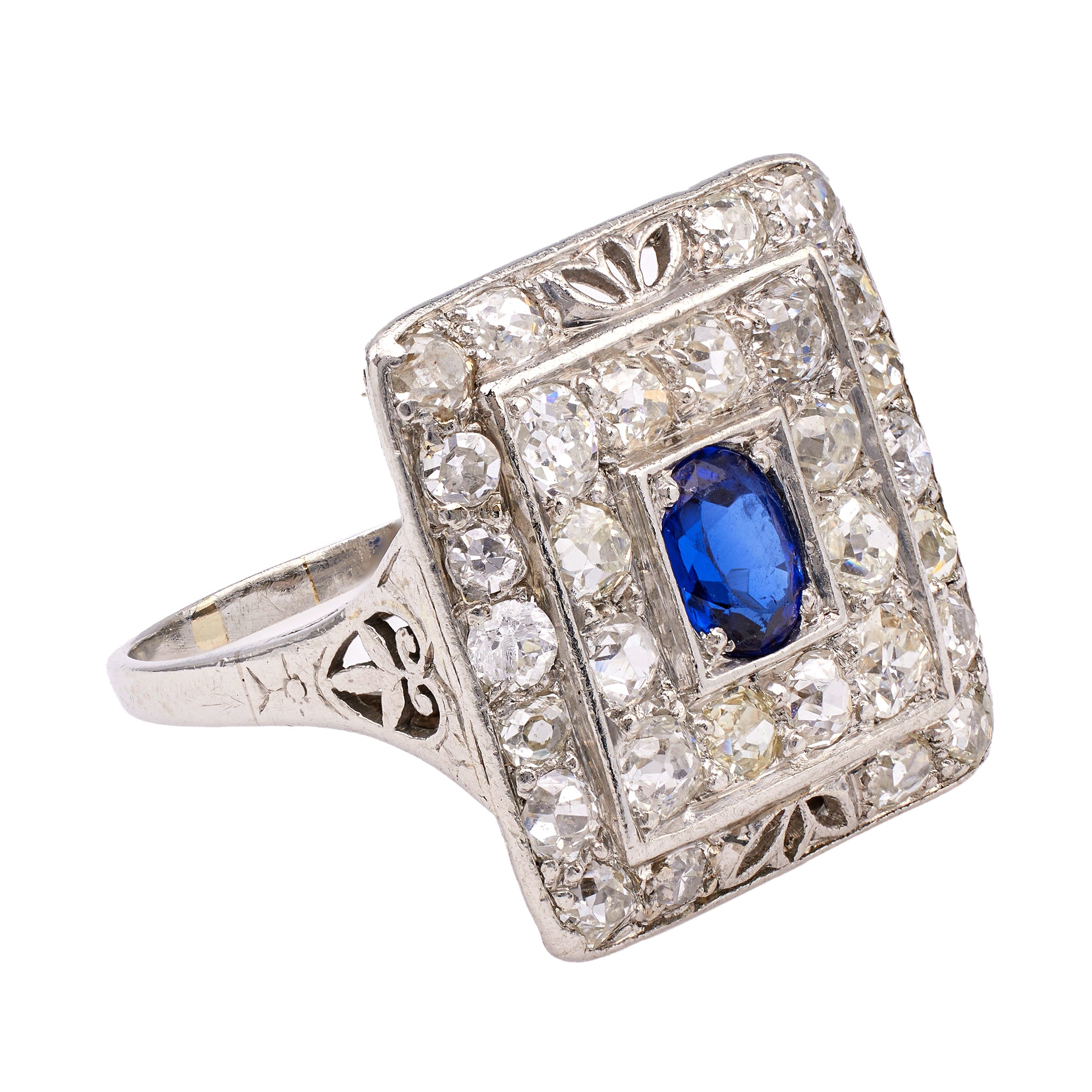 Art Deco Sapphire and Diamond Platinum Square Ring