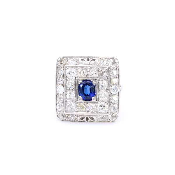 Art Deco Sapphire and Diamond Platinum Square Ring