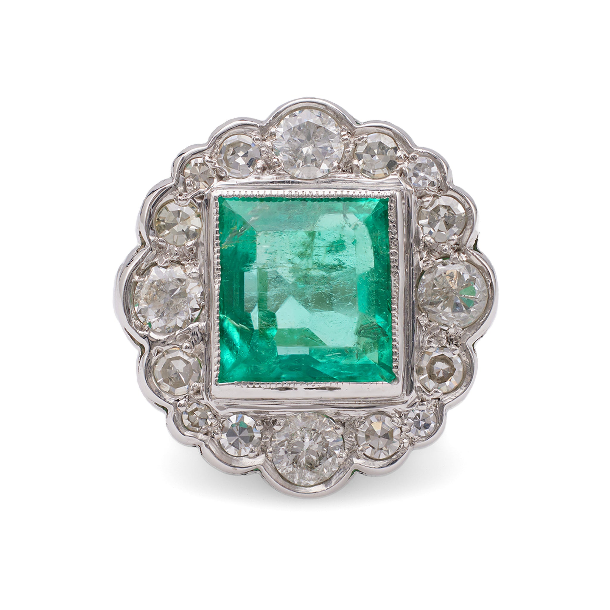 Art Deco GIA 4.00 Carat Colombian Emerald Diamond Platinum Cluster Ring Rings Jack Weir & Sons   