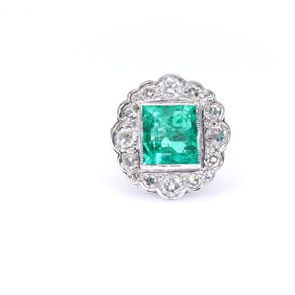 Art Deco GIA 4.00 Carat Colombian Emerald Diamond Platinum Cluster Ring