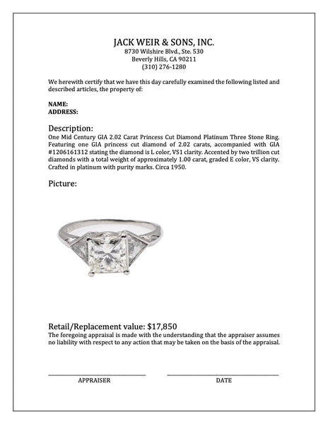 Mid Century GIA 2.02 Carat Princess Cut Diamond Platinum Three Stone Ring Rings Jack Weir & Sons   