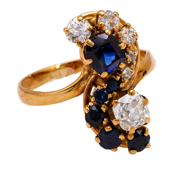 Belle Époque French Diamond and Sapphire 18k Yellow Gold Toi et Moi Ring Rings Jack Weir & Sons   