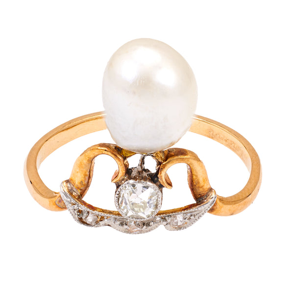 Belle Époque French Pearl and Diamond 18k Yellow Gold Platinum Tiara Ring Rings Jack Weir & Sons   