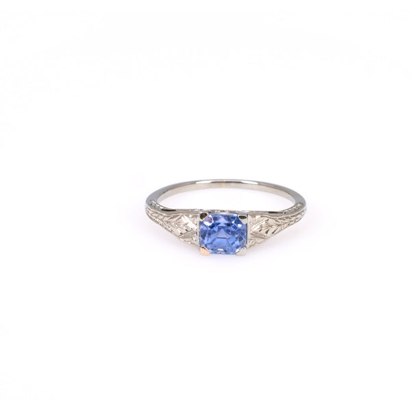 Art Deco 1.20 Carat Sapphire 18k White Gold Solitaire Ring