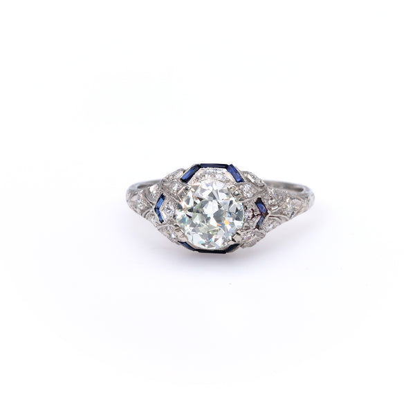 Art Deco GIA 1.51 Carat Old European Cut Diamond and Sapphire Platinum Ring