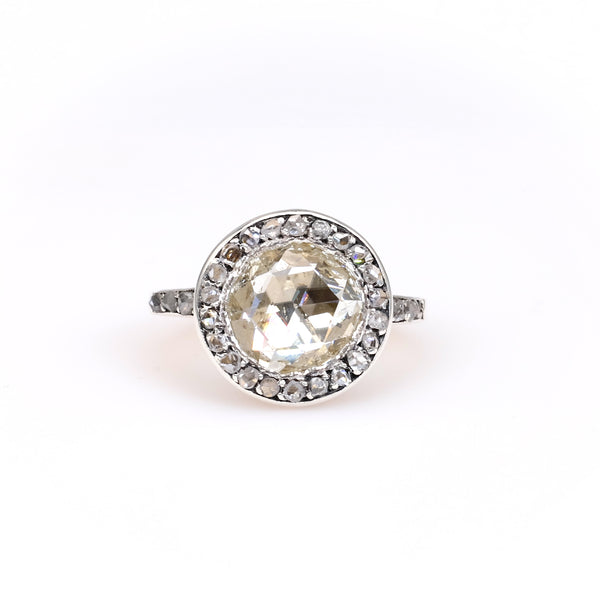 Late Victorian GIA 1.90 Carat Rose Cut Diamond Silver 18k Yellow Gold Halo Ring