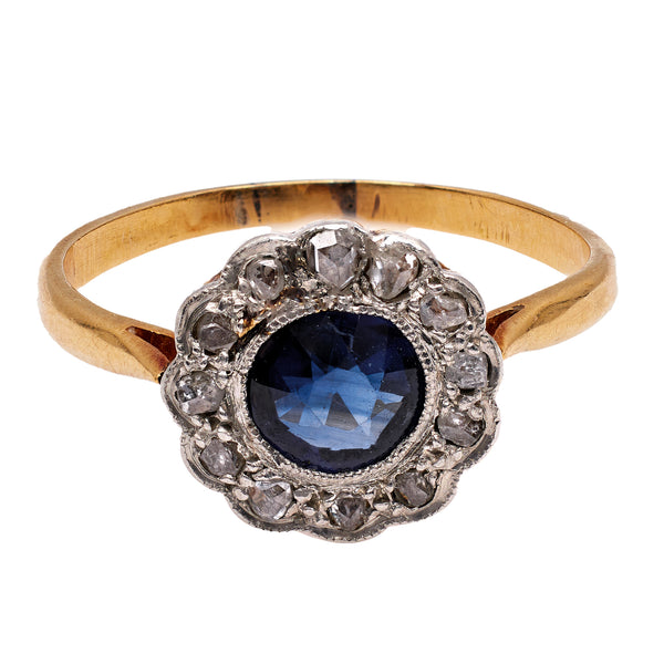 Edwardian Sapphire and Diamond 18k Yellow Gold Platinum Cluster Ring Rings Jack Weir & Sons   
