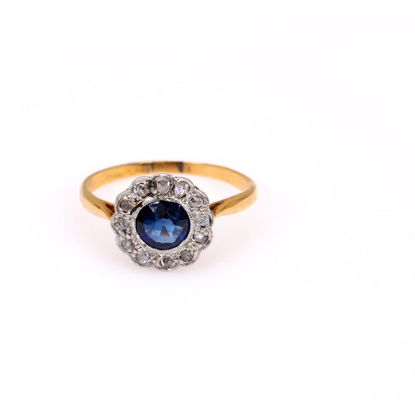 Edwardian Sapphire and Diamond 18k Yellow Gold Platinum Cluster Ring