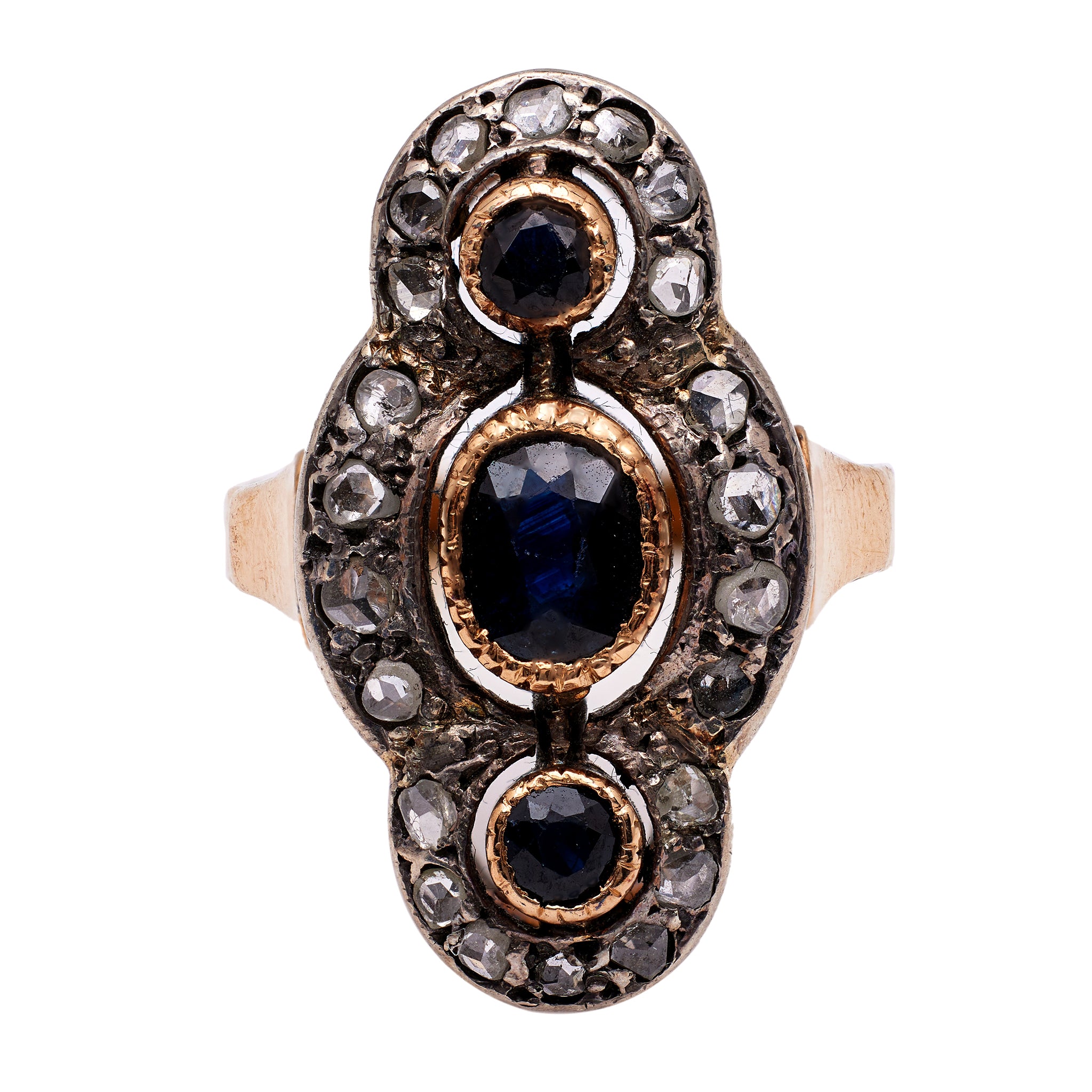 Late Victorian Sapphire Diamond 18k Yellow Gold Silver Navette Ring Rings Jack Weir & Sons   