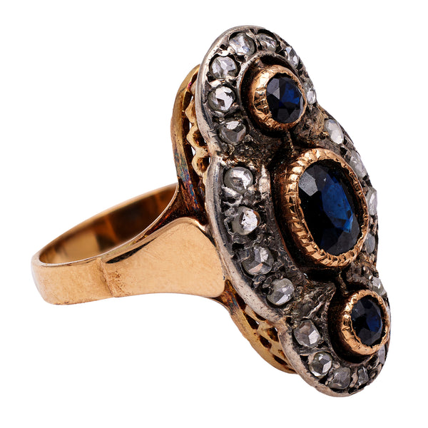 Late Victorian Sapphire Diamond 18k Yellow Gold Silver Navette Ring Rings Jack Weir & Sons   