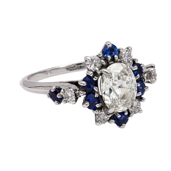 Mid Century French Oval Cut Diamond and Sapphire 18k White Gold Cluster Ring Rings Jack Weir & Sons   