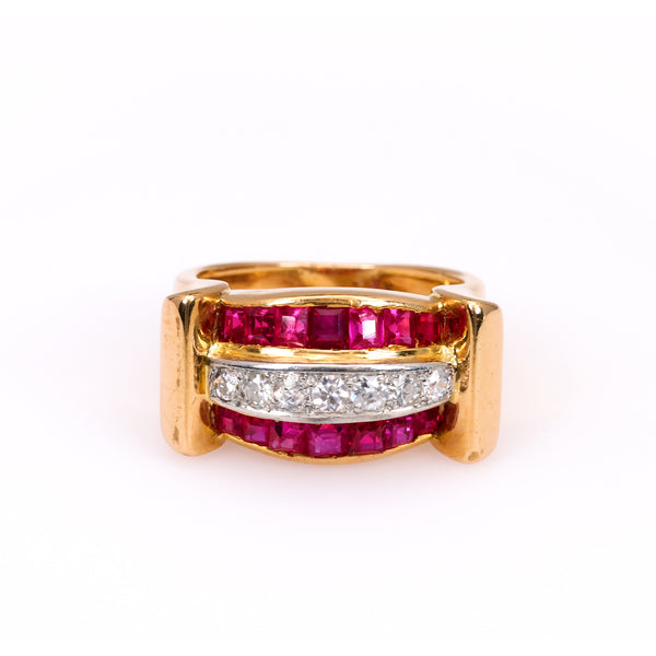 Retro French Diamond and Synthetic Ruby 18k Yellow Gold Tank Ring