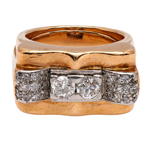 Retro French Diamond 18k Rose Gold Platinum Tank Ring Rings Jack Weir & Sons   