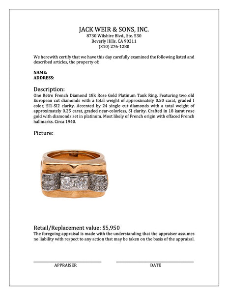 Retro French Diamond 18k Rose Gold Platinum Tank Ring Rings Jack Weir & Sons   