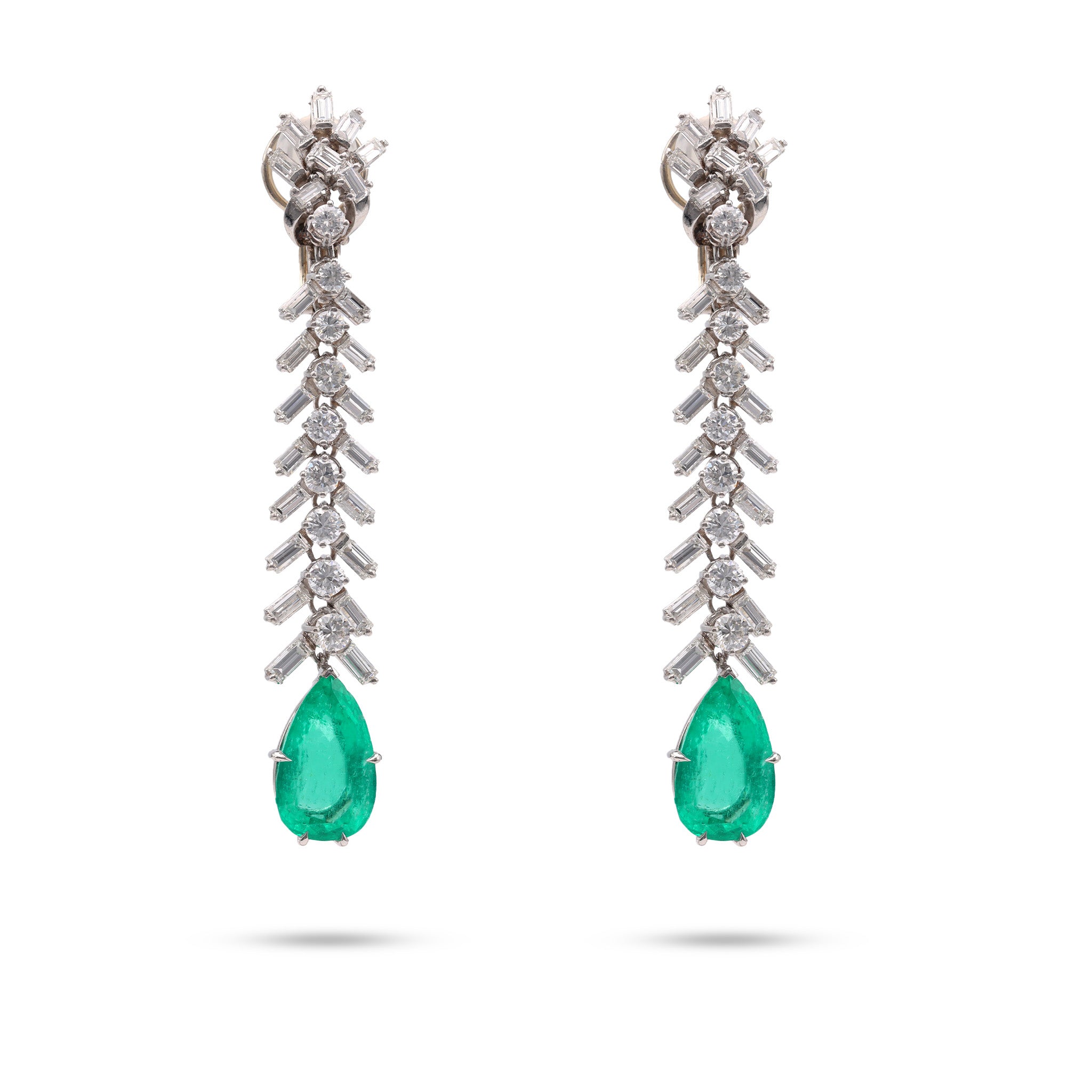 Mid-Century GIA Colombian Emerald Diamond Platinum Dangle Earrings