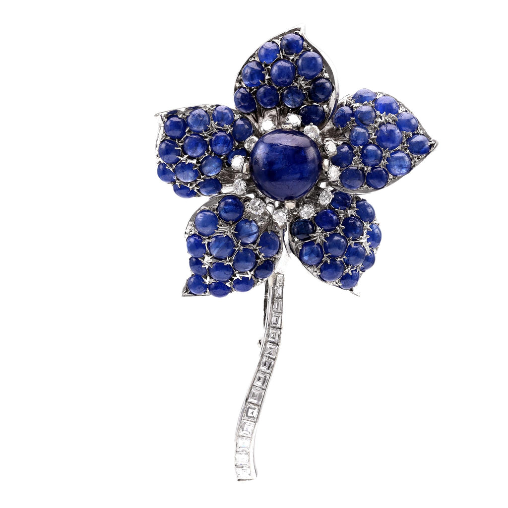 Mid-Century 33 Carat Cabochon Sapphire Diamond 18K White Gold Flower Brooch Brooches Jack Weir & Sons   