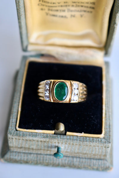 Vintage French Emerald and Diamond 18k Yellow Gold Ring Rings Jack Weir & Sons   