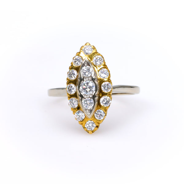 Antique Inspired French Diamond 18k Two Tone Navette Ring
