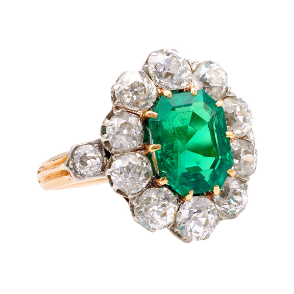 Belle Époque AGL 2.97 Carat Colombian Insignificant Oil Emerald and Diamond 18k Platinum Cluster Ring Rings Jack Weir & Sons   