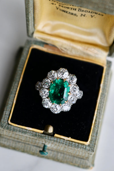 Belle Époque AGL 2.97 Carat Colombian Insignificant Oil Emerald and Diamond 18k Platinum Cluster Ring Rings Jack Weir & Sons   