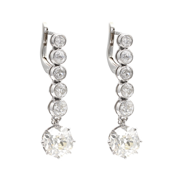 Pair of Art Deco GIA 7.00 Carat Total Weight Old Mine Cut Diamond Platinum Earrings Earrings Jack Weir & Sons   
