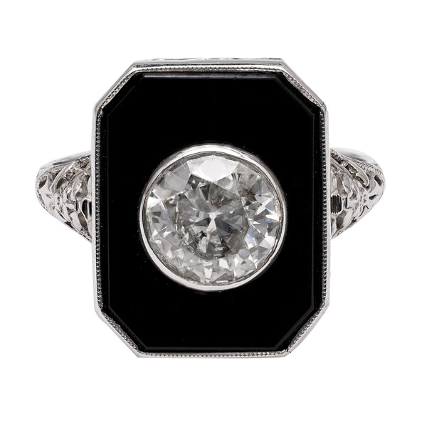 Art Deco Old European Cut Diamond Onyx 18k White Gold Filigree Ring Rings Jack Weir & Sons   